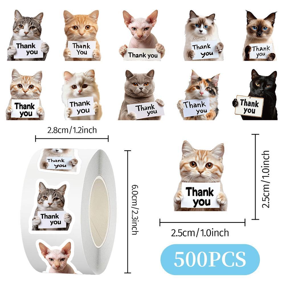 Cat Pattern Sticker, 500pcs/roll Cute Cat Face Expression Sticker, Self Adhesive Decorative Sticker for Gift Greeting Card & Envelope,Christmas Gift Label Sticker,