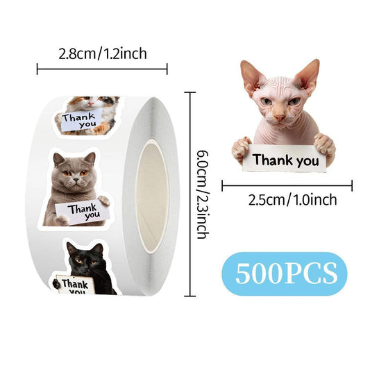 Christmas Gift Label Sticker, 500 count Thank You Stickers Roll Cute Kitty Self-Adhesive Labels for Small Business Packaging Envelope Seals Wrapping DIY Crafts Decor Pet Store Greeting Cards Party Favors Bags Boxes
