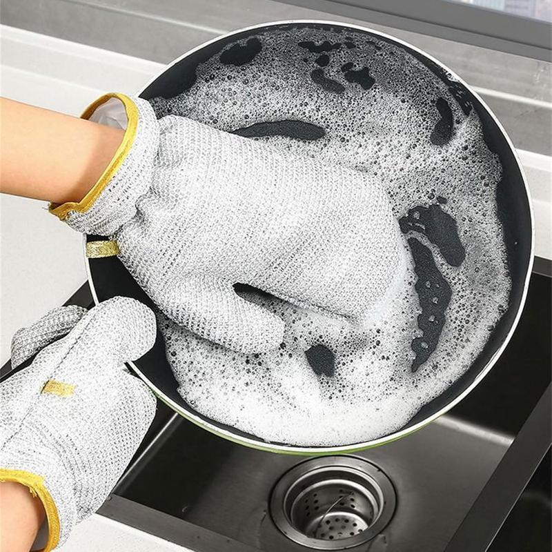 2pcs Multipurpose Silver Wire Dishwashing Gloves Rags for Wet and Dry, Steel Wire Miracle Cleaning Cloth with Glove Shape, Waterproof Lining Kitchen Gloves, Non-Scratch Wire Dish Gloves Cloths for Washing Dishes, Kitchen Cooktops, Counters, Sinks.