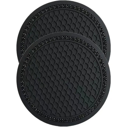 Car Cup Coaster 2PCS Glass Rhinestones Holder Anti Slip Silicone Accessories Gift for Women Pure Black, Round Anti-slip Car Cup Holder Pad, Car Interior Decoration Accessories for Women & Men