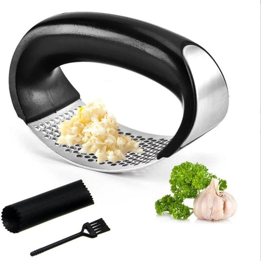 Stainless Steel Garlic Press with Garlic Peeling Drum & Brush, 1 Set Garlic Crusher Masher, Garlic Chopper, Household Kitchen Utensils