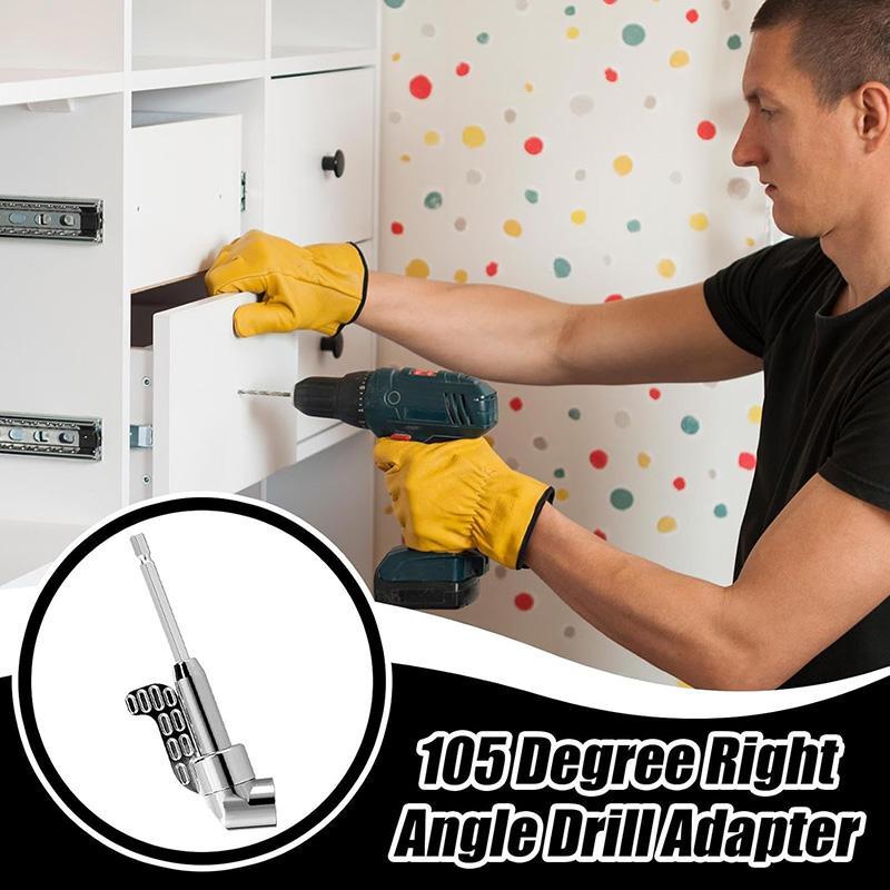 105 Degree Angle Screwdriver Set Holder Adapter, Adjustable Bits, Nozzles, Right Angle Head, Hex Bit Socket, 1/4', Long Type, Silver