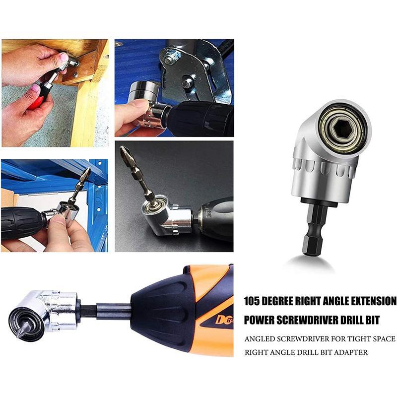 105 Degree Angle Screwdriver Set Holder Adapter, Adjustable Bits, Nozzles, Right Angle Head, Hex Bit Socket, 1/4', Long Type, Silver