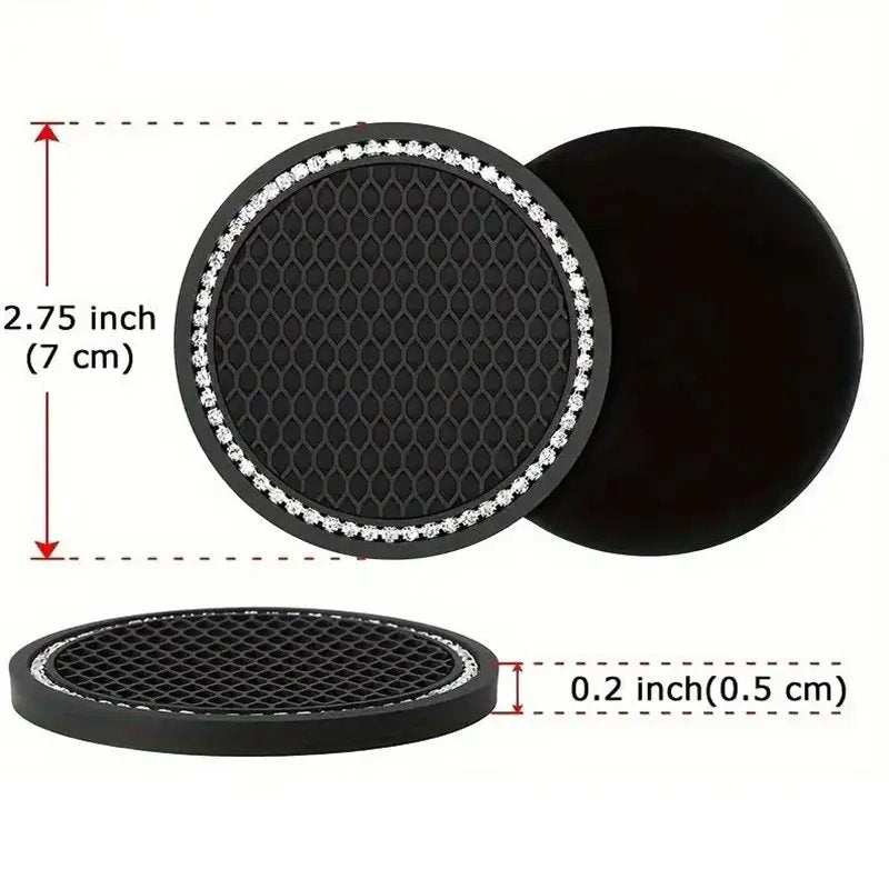 Car Cup Coaster 2PCS Glass Rhinestones Holder Anti Slip Silicone Accessories Gift for Women Pure Black, Round Anti-slip Car Cup Holder Pad, Car Interior Decoration Accessories for Women & Men