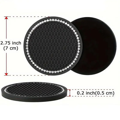 Car Cup Coaster 2PCS Glass Rhinestones Holder Anti Slip Silicone Accessories Gift for Women Pure Black, Round Anti-slip Car Cup Holder Pad, Car Interior Decoration Accessories for Women & Men