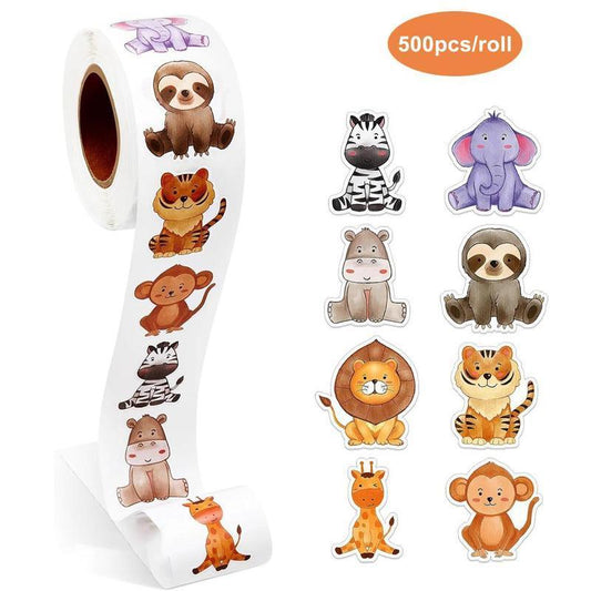 Cartoon Animal Pattern Stickers, 500pcs/roll Cute Self Adhesive Decorative Label Sticker, Sticker Roll for Gift Wrapping