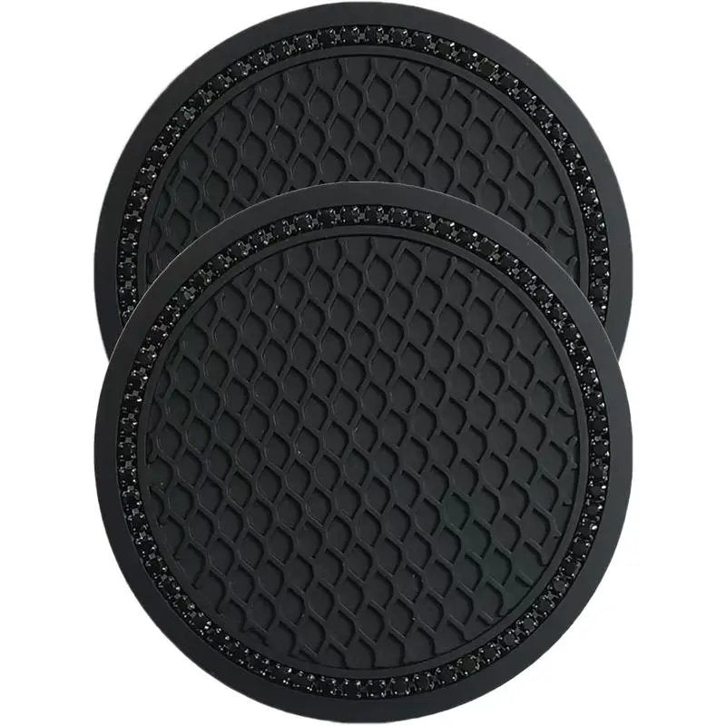 Car Cup Coaster 2PCS Glass Rhinestones Holder Anti Slip Silicone Accessories Gift for Women Pure Black, Round Anti-slip Car Cup Holder Pad, Car Interior Decoration Accessories for Women & Men