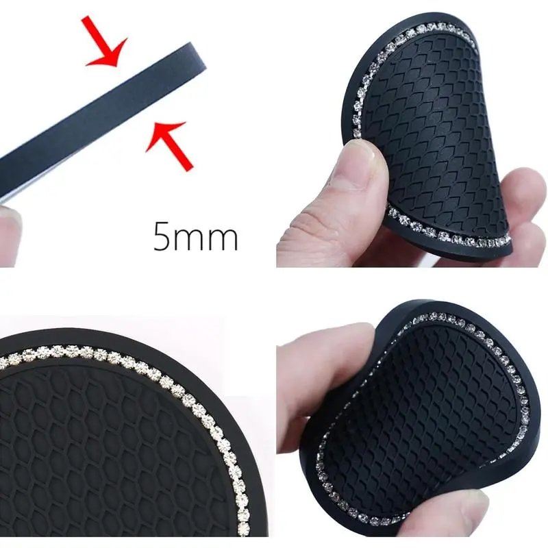 Car Cup Coaster 2PCS Glass Rhinestones Holder Anti Slip Silicone Accessories Gift for Women Pure Black, Round Anti-slip Car Cup Holder Pad, Car Interior Decoration Accessories for Women & Men