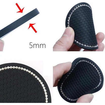 Car Cup Coaster 2PCS Glass Rhinestones Holder Anti Slip Silicone Accessories Gift for Women Pure Black, Round Anti-slip Car Cup Holder Pad, Car Interior Decoration Accessories for Women & Men