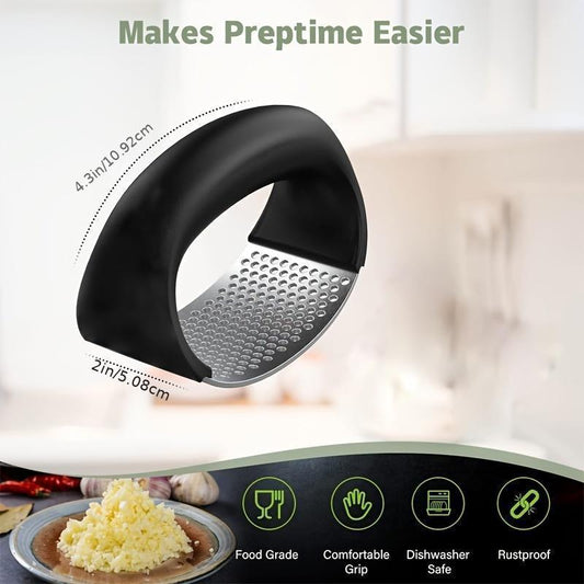 Stainless Steel Garlic Press with Garlic Peeling Drum & Brush, 1 Set Garlic Crusher Masher, Garlic Chopper, Household Kitchen Utensils