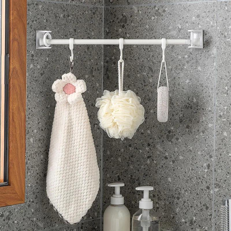 360° Rotatable Retractable Pole Fixator, 4 Counts Non-drilling Strong Adhesive Hooks, Towel Rod Shower Curtain Rod Brackets for Home Bathroom Kitchen Office
