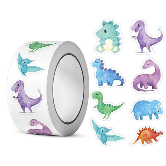 Cartoon Dinosaur Pattern Sticker (500pcs/roll), Self Adhesive Decor Sticker for Gift Greeting Card Water Bottle Laptop Phone Case
