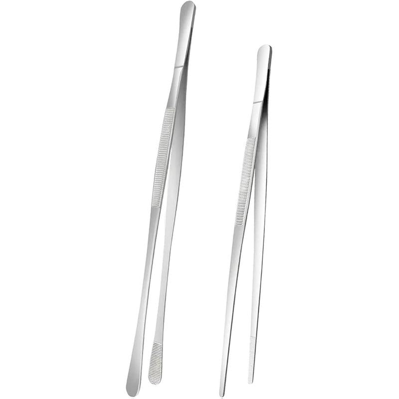 2Pcs Kitchen Tweezers Tongs, Long Handle Food Grippers for Cooking and Plating, Stainless Steel Culinary Tongs (12"Round Tip + 8"Point Tip Sets) Utensils