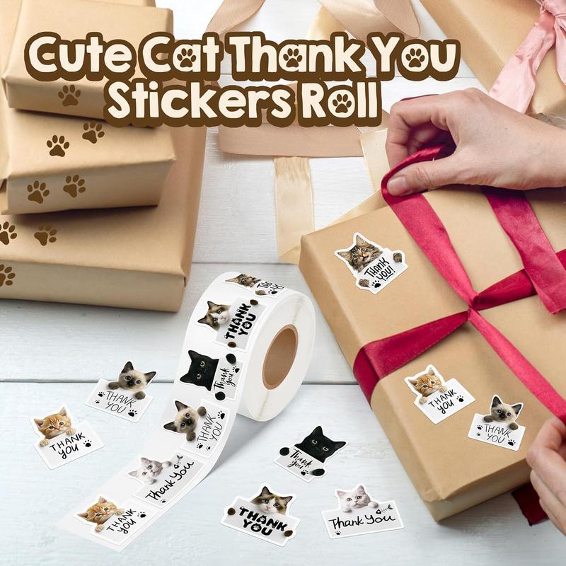 Christmas Gift Label Sticker, 500 count Thank You Stickers Roll Cute Kitty Self-Adhesive Labels for Small Business Packaging Envelope Seals Wrapping DIY Crafts Decor Pet Store Greeting Cards Party Favors Bags Boxes