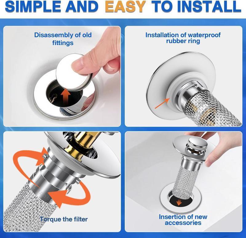 Bathroom Sink Drain Strainer, Pop Up Sink Drain Strain, Bathroom Sink Stopper with Removable Stainless Steel, Filter Basket Hair Catcher Hair Catcher